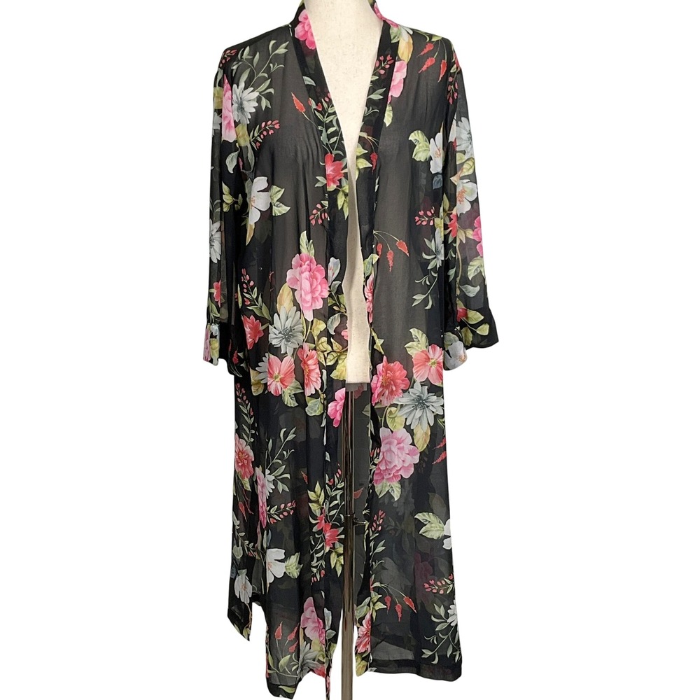 Sweet Pea Stacy Frati Duster Women L Black Floral Peony Sheer Kimono Boho Robe